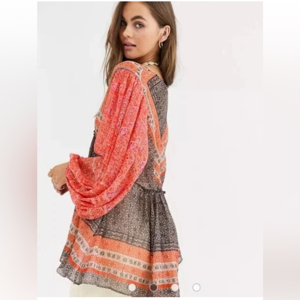 NWOT Free People Aliyah Orange Brown Gold Metallic Printed Boho Tunic Top Medium - Picture 8 of 15